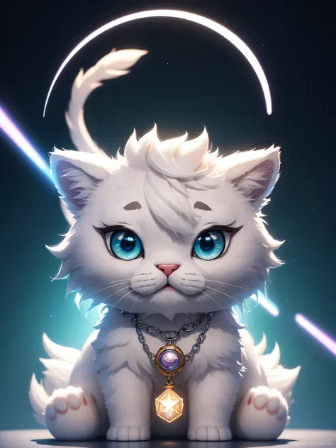 A cute little white tiger with different colored eyes wears a necklace., chibi, Cute and fluffy, Logo Design, cartoon, cinematic light effect, charming, 3D vector art, cute and unusual, fantasy art, Bokeh, hand drawn, digital painting, soft light, isometri...