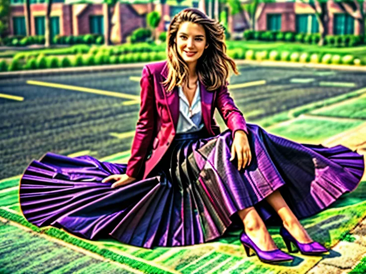 A smiling, authentic, (shy:1,3), kind, beautiful woman, is passionately in love with her skirt, sitting down on the gound while wind lifts her skirt, wearing short blazer and very very detailed (long (fully pleated) full circle skirt) and (low heeled court...