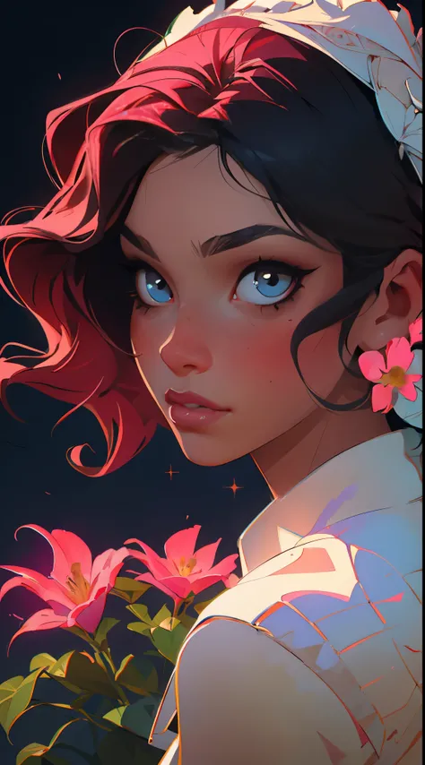 pink flower fox siren with dark detailed pretty sparkly eyes & messy furry hair, completely covered in flowers and plants, unique face, interesting features, resembling Camila Cabello & Eiza González; cinematic, ultra detailed portrait, vintage, detailed, ...