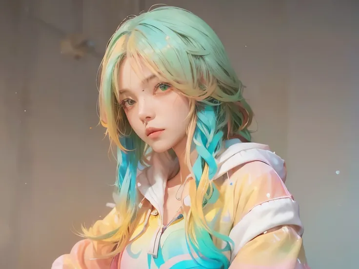 1 girl, alone, alone focus, Cowboy shooting, portrait, oversized hoodie, Aqua and white hoodie, semi aqua, half green, ((brown hair)), (yellow hair), (gradient hair :1.5), curls, ((pink eyes)), Super detailed的眼睛, tan, (caramel dark skin:1.1), best quality,...