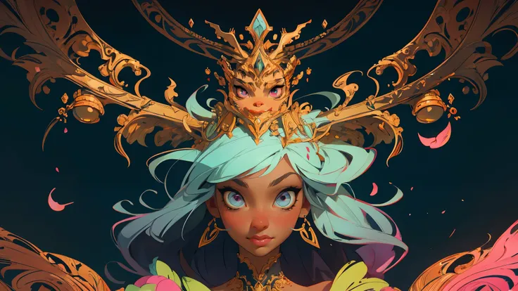 Symmetry, Finely Detailed Elaborate Ornate Alien Queen Goddess with Elaborately Detailed Colorful Eyes; by Lisa Frank, jeff koons, Orange and  Dark Pink, and Yellow and Dark Blue, pretty face, intricate, elegant, highly detailed, digital painting, art stat...