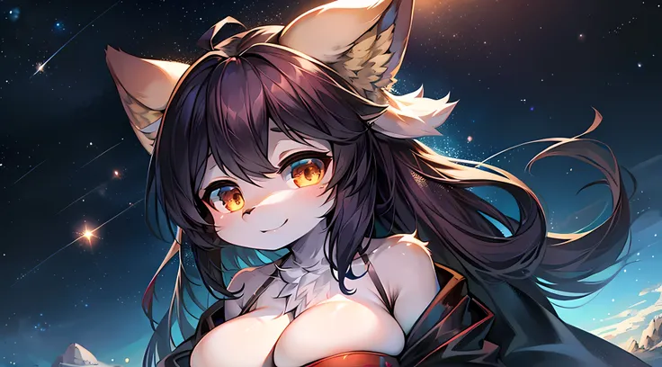 Space, planet, 1girl, floating, wolfgirl, black hair, gray fur, open space, (detailed face), (furry), big breasts, bikini, smile, full body, sunny beach mixed with space