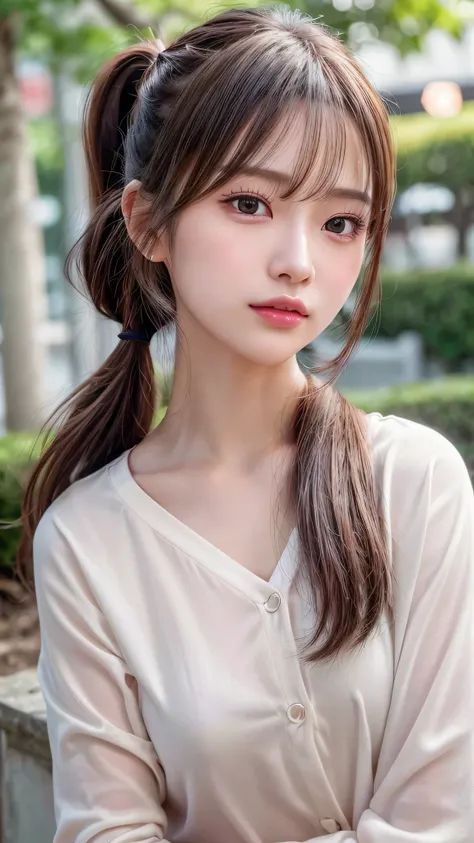 blush,14 years old,small breasts,long hair ponytail,Wearing a long-sleeved shirt with a white collar,wearing jeans,enjoying the date,Japanese amusement park,close up of face,((8K, Raw photo, best quality, muste piece:1.2), (Reality, photorealistic:1.4), (H...