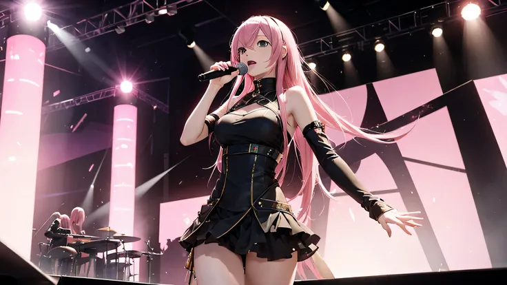 High resolution,Vocaloid,Megurine Luka,Beautiful woman,,pink hair,green eyes,thin and tall,adult woman,sing on stage、Spotlight