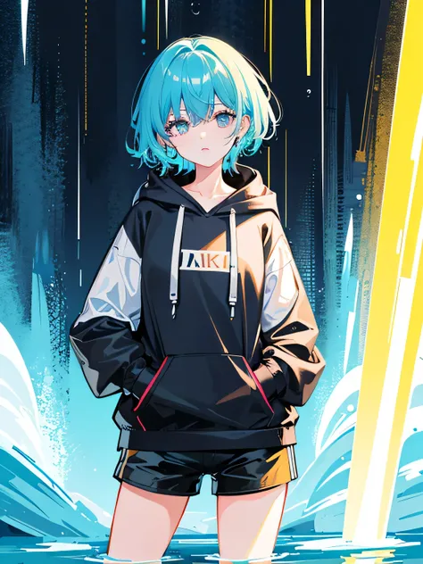 8k resolution、((top quality))、((masterpiece))、((super detailed))、1 female、alone、Extremely ridiculous、oversized hoodie、earphone、street、outdoor、rain、neon lights、short hair、bright eye color、hands in pockets、shorts、water droplets