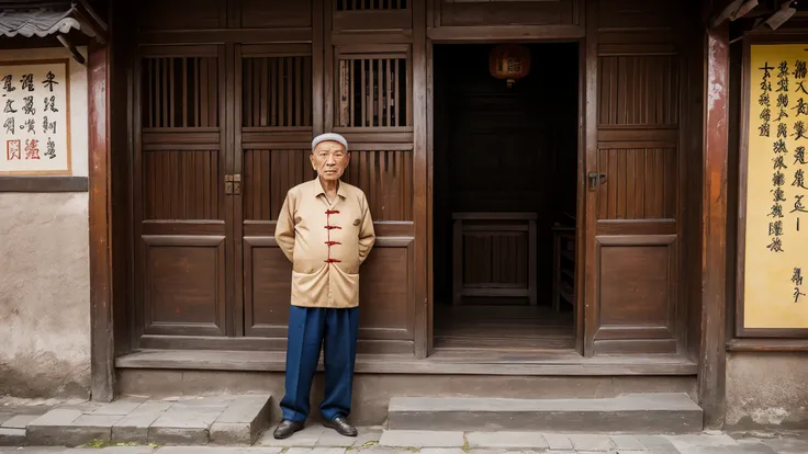 A lonely old man with traditional Chinese thinking，Real frontal photos，Authentic background，The background is traditional chinese street，worn-out clothing，Face full of wrinkles，80-year-old man，Wise eyes，The beard is white，male，country style