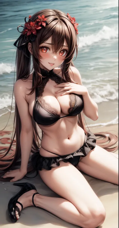 anime, beautiful face, highly detailed face, 2 accurate legs, red detailed eyes, flower pupils, highly detailed beach background, perfect lighting, best lighting, 1girl, solo, hu tao, genshin impact, outdoors, on the beach, (beautiful brown hair:1.2), absu...