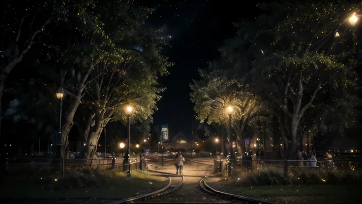 An enchanting summer night in a city. A view across railtrack to large park behind white park fence. Many lights, garlands, music, people. Far glitering lake in moonlight.