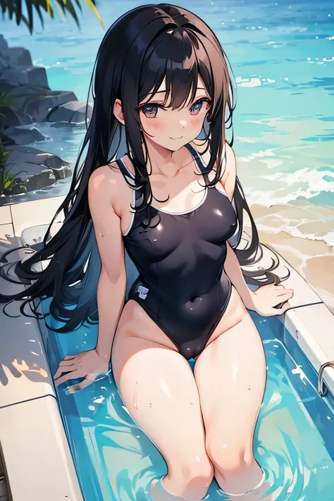 super detailed face, detailed female genitalia, school swimwear, long black hair, small breasts, blush, smile, white high leg, white swimsuit, my whole body was damp, watery, bus, bustub, erect nipples