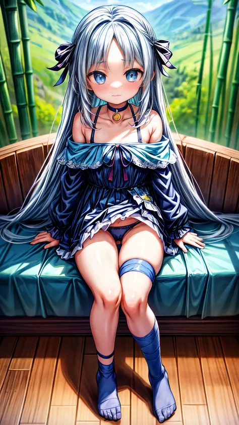 girl, confuses me, blue short dress, choker, panties visible, holding panties in his hands, looks out from under his forehead, trembling, fantasy world, fantasy landscape, verveka on the legs, bandage on leg, is sitting, Spread legs, Bamboo