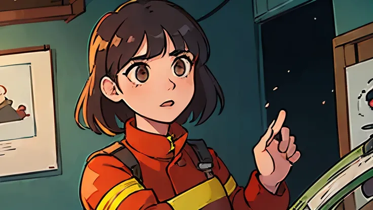 (anime:1.5), (a female firefighter pointing and giving orders:1.4), (medium hair:1.1), (firefighter uniform:1.3), (serious, commanding:1.2), (2d animation:1.3), (interior, dark room:1.1), (cartoon:1.4), (high quality:1.2), (Close-up:1.1), (woman on center:...