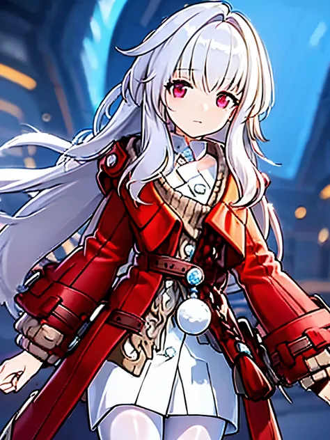 a girl，white hair，red eyes，(white pantyhose 1.6)，long white hair，red coat,white gloves