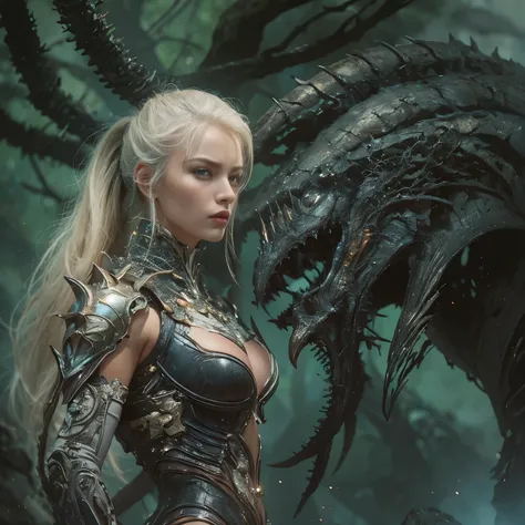 1 female alien, The predator, warrior, (extremely beautiful:1.2), (intense gaze:1.4), (predator:1.1), long dark claws, NSFW,  nipples, thick eyebrows, glowing and shining green eyes, the most beautiful face in the universe, platinum blonde,

A woman with a...