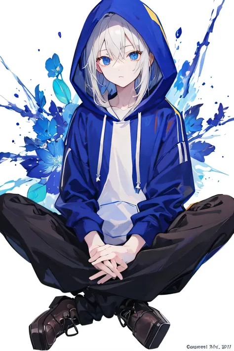 wearing a blue hoodie、Anime Boy, high quality painting,Taoist way of sitting cross-legged，broken to pieces，White background
