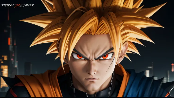 a character resembling Goku with weird spiky hair and a serous face , anime, 4k, art, 2024 anime, thriller, dark, evil, cartoon anime, face