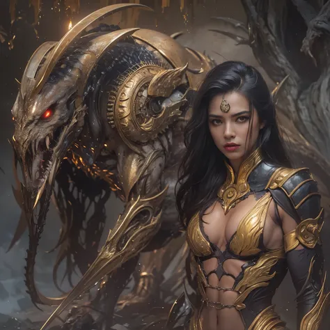 1 female alien, The predator, warrior, (extremely beautiful:1.2), (intense gaze:1.4), (predator:1.1), long dark claws, NSFW,  nipples, thick eyebrows, glowing and shining golden eyes, the most beautiful face in the universe, black hair,

A woman with an ex...