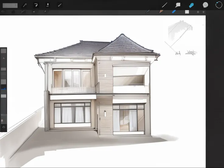 un dessin d&#39;une maison avec un toit et une fenêtre, Esquisse - vers le haut, Esquissé, style de dessin traditionnel, Point de vue de face, illustration très détaillée, Esquissé 4k, croquis numérique, dessiner numériquement sur une tablette Wacom, croqu...