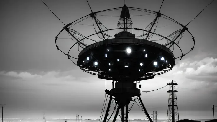 (Dark biopunk art), hopeless art, dark biopunk, Gloomy landscapes, lonely radio tower, radio tower dish, highly detailed art, very detailed background