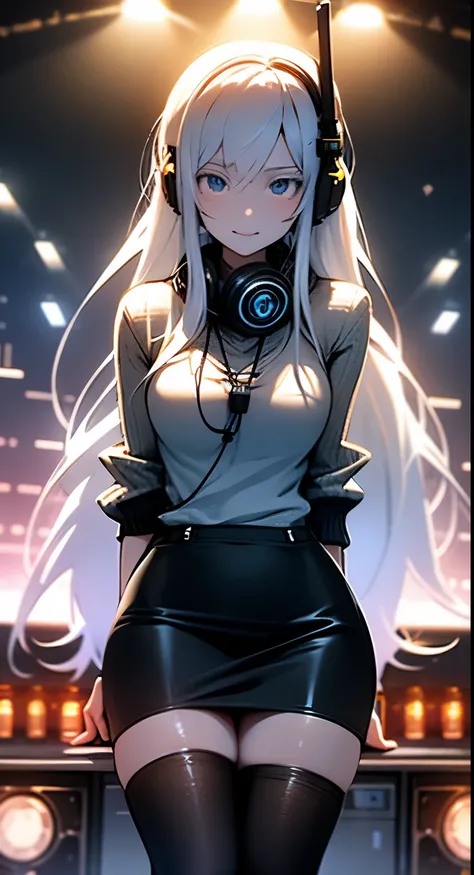 silver long hair,headphone,blue eyes,white sweater,No sleeve,black tight skirt,knee socks,night club,large number of speakers,headset,DJ equipment,Spotlight
