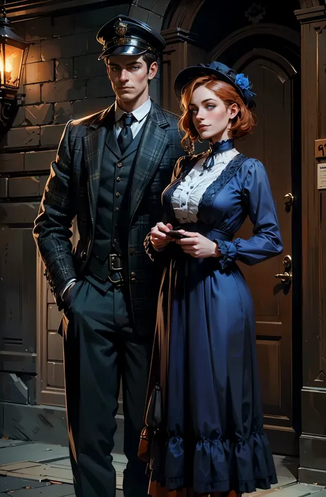 victorian style, victorian fantasy, victorian London street, dark street, two person, attractive man stand in the shadow, he looks like victorian postman, dark hair, he is wearing a postmans cap pulled down over his face, a young girl stands near him, she ...