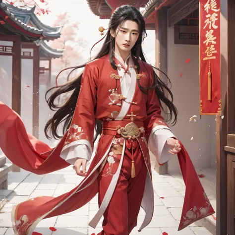 man dressed in red and white outfit walking in a courtyard, inspired by Huang Shen, inspired by Guan Daosheng, inspired by Bian Shoumin, heise jinyao, inspired by Zhao Yuan, inspired by Huang Gongwang, inspired by Hong Ren, flowing hair and long robes, han...