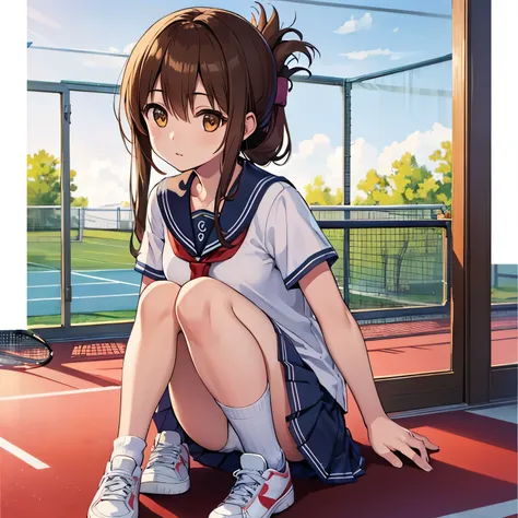 masterpiece, 1 girl, alone, yukino yukinoshita, shining eyes, white sneakers, tennis wear, white mini skirt, white panties, white knee socks, masterpiece, highest quality, realistic, very detailed, blue sky, Tennis court -- automatic、(masterpiece, best qua...