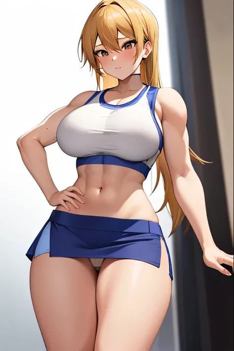 Close-up of a woman with long blonde hair, brown eyed woman, classic women, big breasts, had very large breasts, Made at Anime Painter Studio, Tits, clothing:blue sports bra, women romance, anime style, muscular woman, feminine and muscular, tall, sports b...