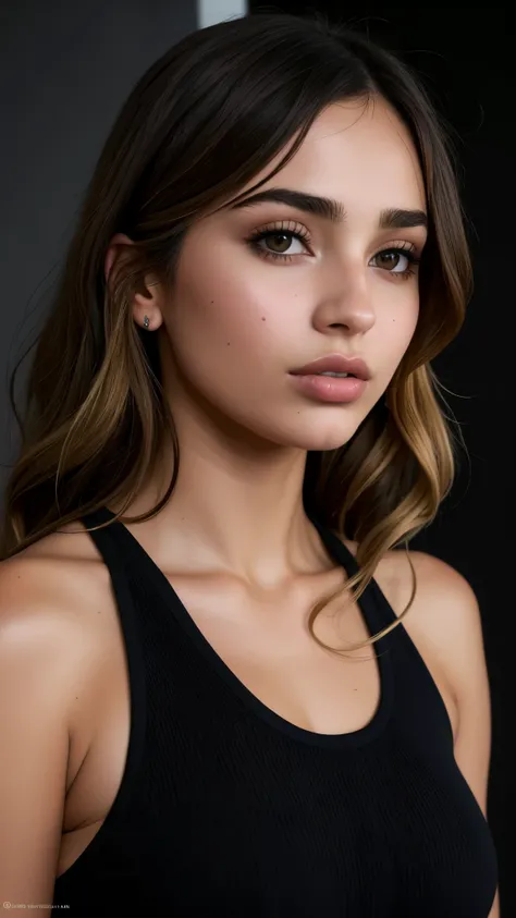 um close de uma mulher com uma blusa preta e um telefone celular, Retrato de Sophie Mudd, inspirado em Emma Andijewska, queixo definido, beautiful cheekbones, queixo forte, retrato emily ratajkowski, well queixo definido, queixo cinzelado, ana de armas por...