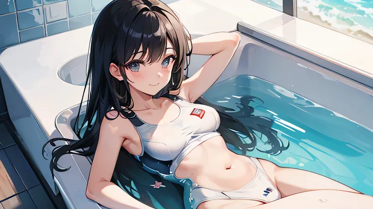 super detailed face, detailed female genitalia, school swimwear, long black hair, small breasts, blush, smile, white high leg, white swimsuit, my whole body was damp, watery, bus, bustub, erect nipples