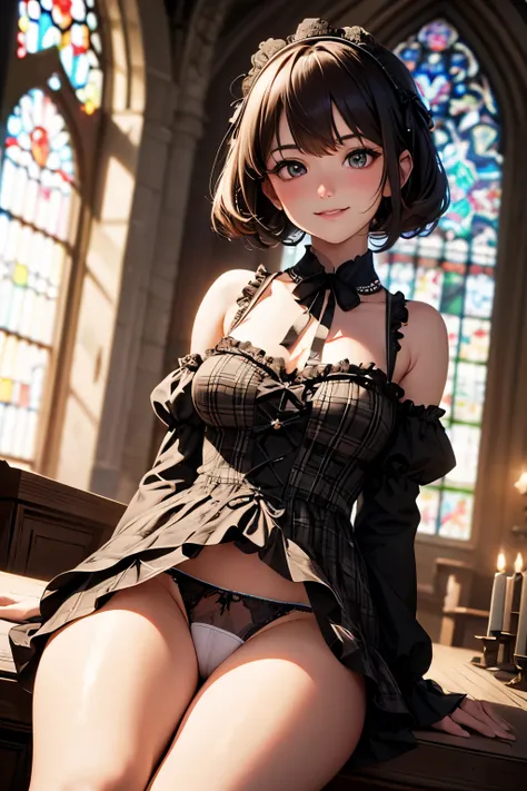 very cute and beautiful girl,(highly detailed beautiful face), (smile),blush,black hair,looking at viewer,(classic brown plaid lolita dress with detailed frills),detailed lace, sitting,(spread legs),arms behind back,(white panties), altar,church,indoors, (...