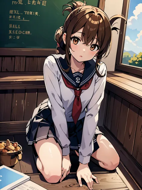 (masterpiece, best quality:1.2),illustration,8k,hd,1girl,solo,upper body,(portrait:1.2),brown_hair,folded_ponytail,brown_eyes,serafuku,long_hair,school_uniform,skirt,pleated_skirt,