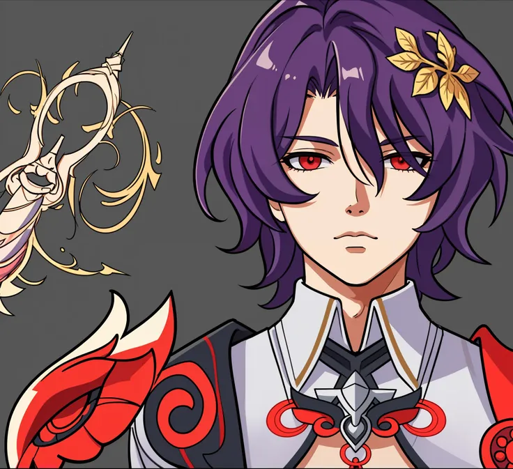 anime man, thinking expression, calm, purple hair, dark red eyes, white suit, gold ornaments, a drawing of a man in greek clothes, 1boy, masterpiece, (beautiful and aesthetic:1. 5), thick black lineart, clean lineart, perfect lineart, variable lineart, thi...