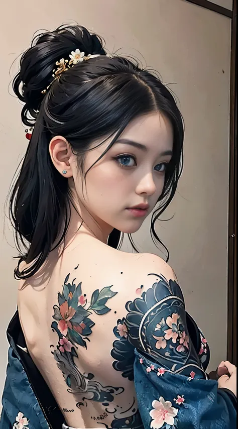 (masterpiece, top quality, best quality, official art, beautiful and aesthetic:1.2),1girl, tattoo, solo, japanese clothes,  hair...