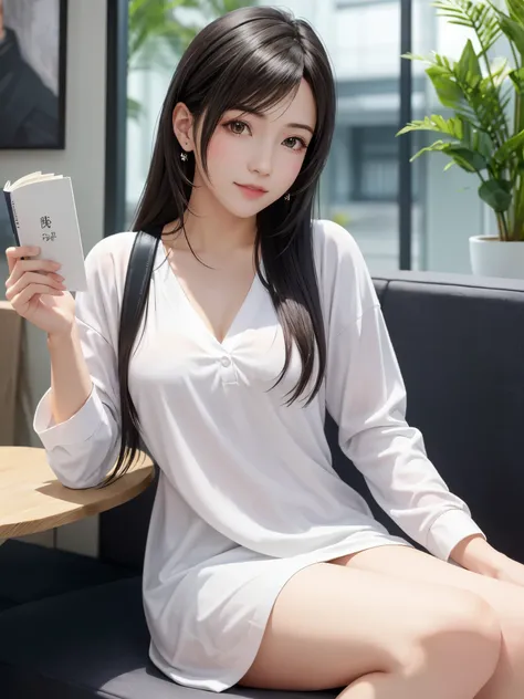 (top quality, masterpiece: 1.1), (Realistic: 1.3), BREAK (((FF7,Tifa_lockhart))),(solo,Tifa:1.2),(boyfriends clothes:1.3,oversized long white shirt:1.3,long sleeve:1.2,shirt dress:1.3) ,(Japan, Shibuya, cafe, indoor),(cool pose:1.1,nogizaka idol),Ultra-det...