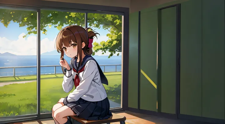 (masterpiece, best quality:1.2),illustration,8k,hd,1girl,solo,upper body,(portrait:1.2),brown_hair,folded_ponytail,brown_eyes,serafuku,long_hair,school_uniform,skirt,pleated_skirt,I am not feeling well and am holding my knees while observing a class on the...