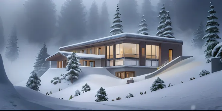 a modern mansion in the snow in Switzerland, with trees all around, snowing and a foggy atmosphere 