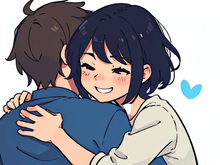 Front view illustration of a girl hugging a guy having short messy hair, smiling, cute