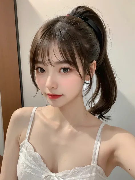 highest quality、8K、ultra high resolution、Super detailed face and eyes、Highly detailed face and skin texture、glowing skin、shiny skin、master piece:1.3、1 girl、super detail face、delicate eyes、double eyelid、full shot、ponytail、短めponytail、20-year-old、brown hair、片...