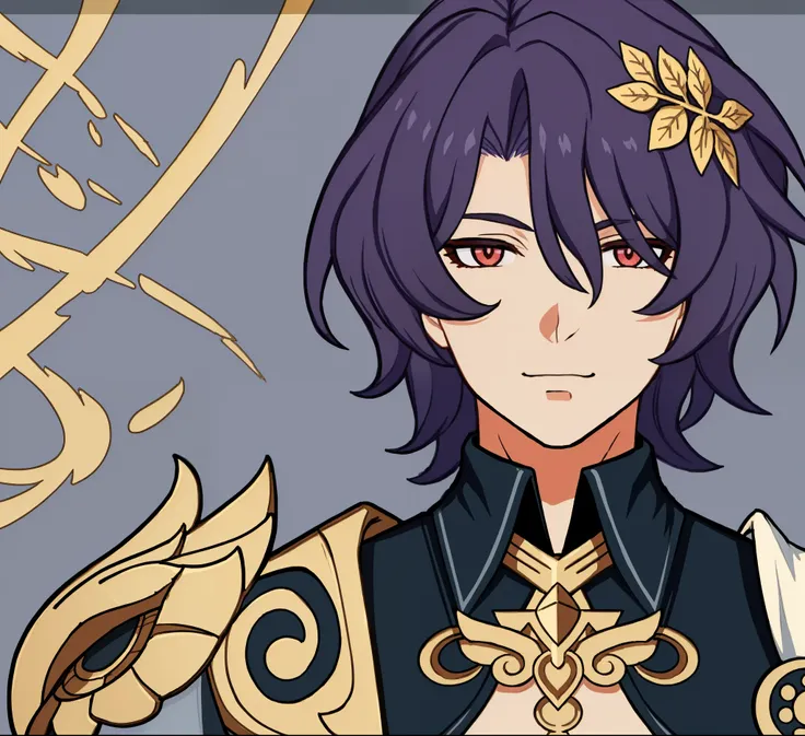 anime boy, cocky, smug expression, purple hair, dark red eyes, black suit, gold ornaments, a drawing of a man in greek clothes, ...