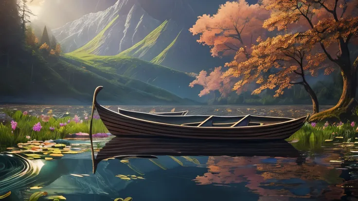 lake with lotus leaves, mountain, trees, boat, The scene should embody the essence of the wild, untouched and thriving. Detailed, immersive, evocative of the circle of life. Inspired by Planet Earth cinematography, 35mm photograph, film, bokeh, professiona...