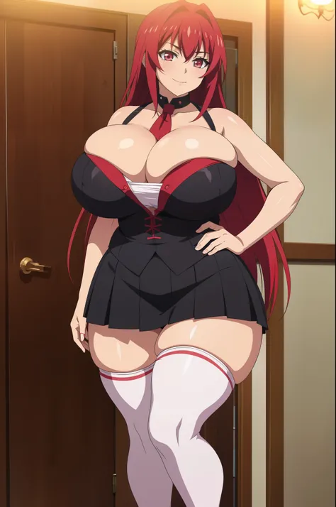 High resolution, The Testament Of Sister New Devil, Mio Naruse 1girl, ((bimbo))), long red hair, red eyes, sexy face, smile face, blushing, puffy lips, thick lips, wide hips, thick thighs, enormous Natural breasts, shiny skin, oily skin, black skirt, white...