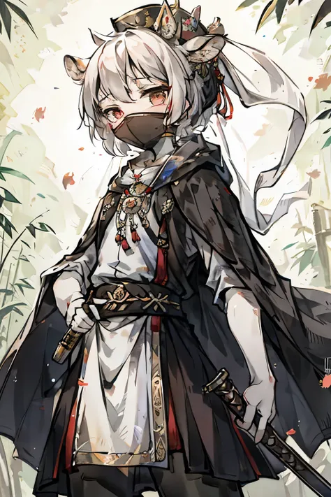 a white deer，Fluttering cape，Armed with bayonets，Assassin attire，White veil，pupil，Cover your face，Holding a pair of knives，Shota，cute，Wearing a bamboo hat，Falling leaves，sharp bayonet，Knife at waist