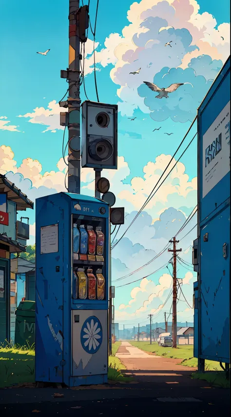 vending machine at a distance on roadside with dustbin, telephone poles, cloudy sky, birds, cars in background, wide angle shot,...