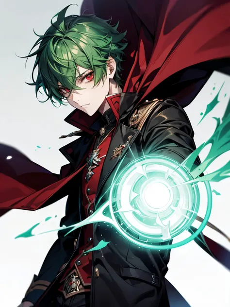 green hair, red eyes, mysterious, black academy uniform, cool, male, white background, short hair, closeup, red cloak