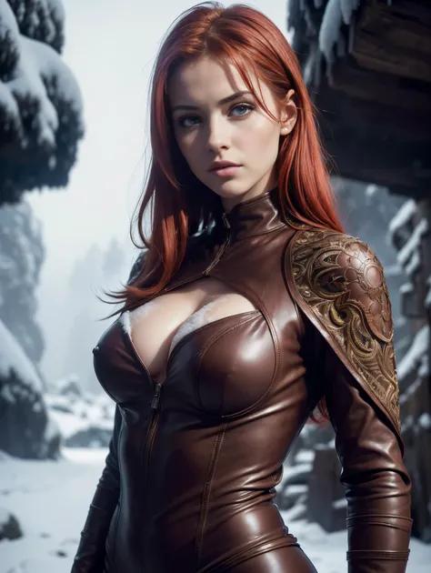 Masterpiece, an ultra hot gorgeous European woman. Age 23. She’s a playmate,men magazine model.(((Redhead in intricate long brown leather dress standing in cinematic snowy canyon slit, photographie))) softlighting, Couleurs, Very detailed, dramatic lightin...