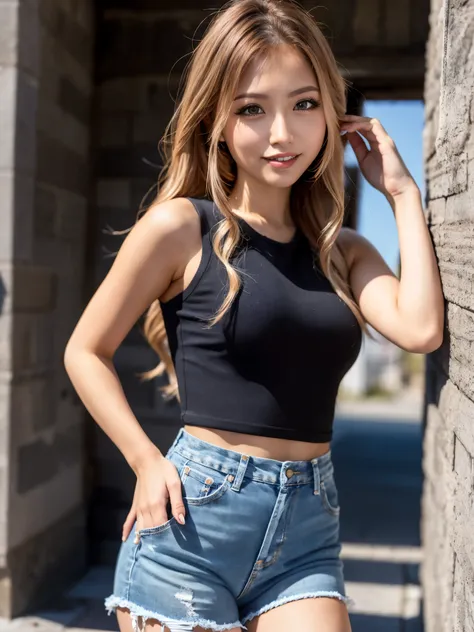 (Raw photo,realisitic, Photorealsitic: 1.4, masterpiece, best quality), 8K, 1 Beautiful Japanese Women, solo, 20years old, Charming Smile, Pretty Medium breasts, Beautiful detailed round eyes, Drooping Eyes1.4, Long blonde hair, wavy hair, (Highly Detailed...