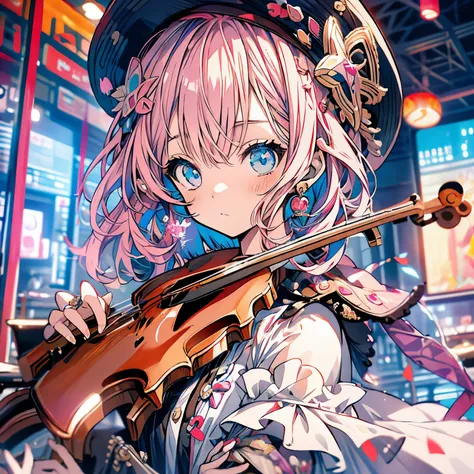 highest quality、masterpiece、anime girl、Brass band club、((violin))、serious face、Upper body、pink hair、beret