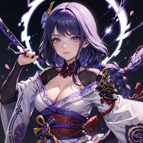 (Best quality,A high resolution),Raiden Shogun from Genshin,look,anime style,Beautiful eyes,beautiful lips,long braided purple hair,attentive cute look,electricity lightning background,katana sword,stylish,sharp focus,Bright colors
