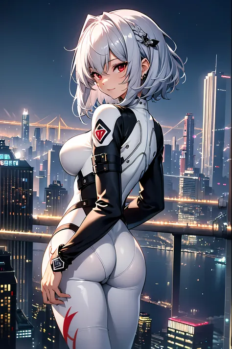 top quality、Best image quality、In 8K,4K,masterpiece、、very detailed、beautiful、top quality의、Grown-up、cool、girl(((milf、white rubber suit 1:3、、silver hair、short bob、red eyes、erotic:1.4、happiness、Tattoo)))、spread your legs wide、high quality、Visual arts、backgrou...