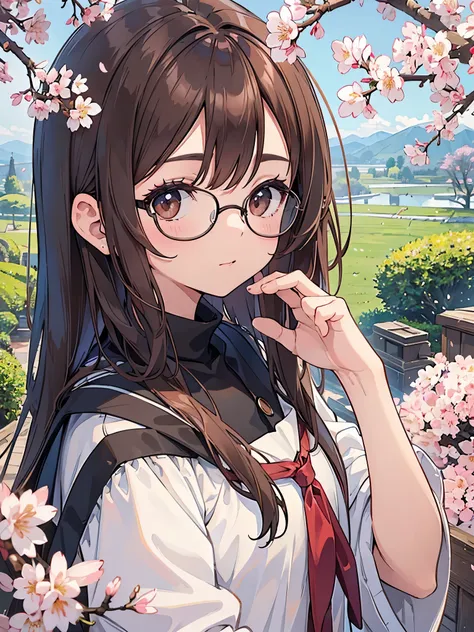 1 woman、brown hair(long)、brown eyes、black round glasses、 best quality、Super detailed、8K resolution、Raw photo、muste piece、seductive 、gorgeous face、perfect body、cherry blossoms、Cherry-blossom viewing、spring scenery